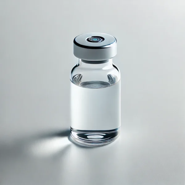DALL·E 2025-03-26 11.28.38 - A realistic glass vial with a transparent body and a silver cap, placed against a clean white background. The vial is empty and reflects light subtly, Hyaluronic acid gel 001